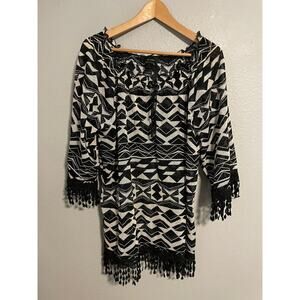 Ali Miles Tunic Top Womens 1X Black Geometric Fringe Boho Art to Wear READ